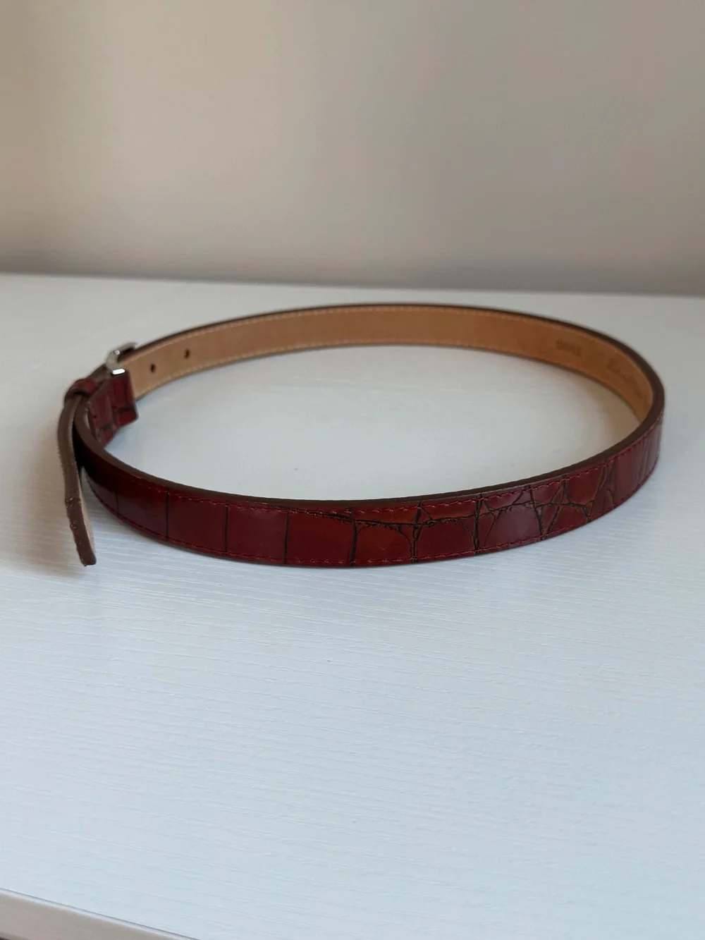 Vintage DKNY Embossed Red Calf Leather Belt Silver Buckle USA Ladies Small